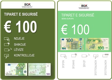 Këto manuale tregojnë dhe sqarojnë vetitë e sigurisë së kartëmonedhave 100 Euro