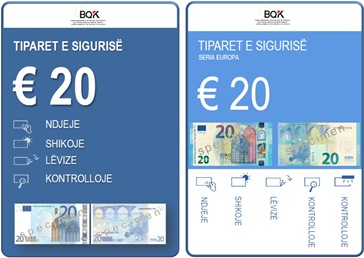 Këto manuale tregojnë dhe sqarojnë vetitë e sigurisë së kartëmonedhave 20 Euro